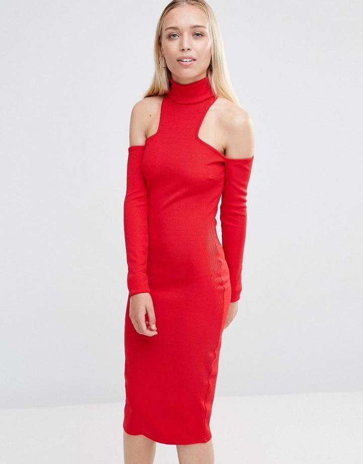 City Goddess High Neck Cold Shoulder Midi Dress - Red