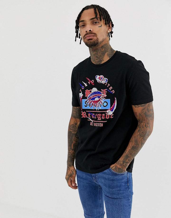 Asos Design Relaxed Fit T-shirt With Star And Sequin Print - Black