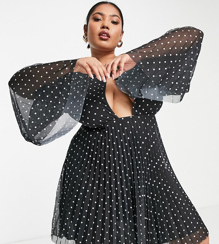 Asos Design Curve Pleated Flare Sleeve Mini Dress In Mono Polka Dot-multi