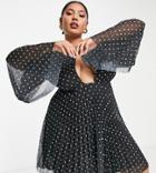 Asos Design Curve Pleated Flare Sleeve Mini Dress In Mono Polka Dot-multi