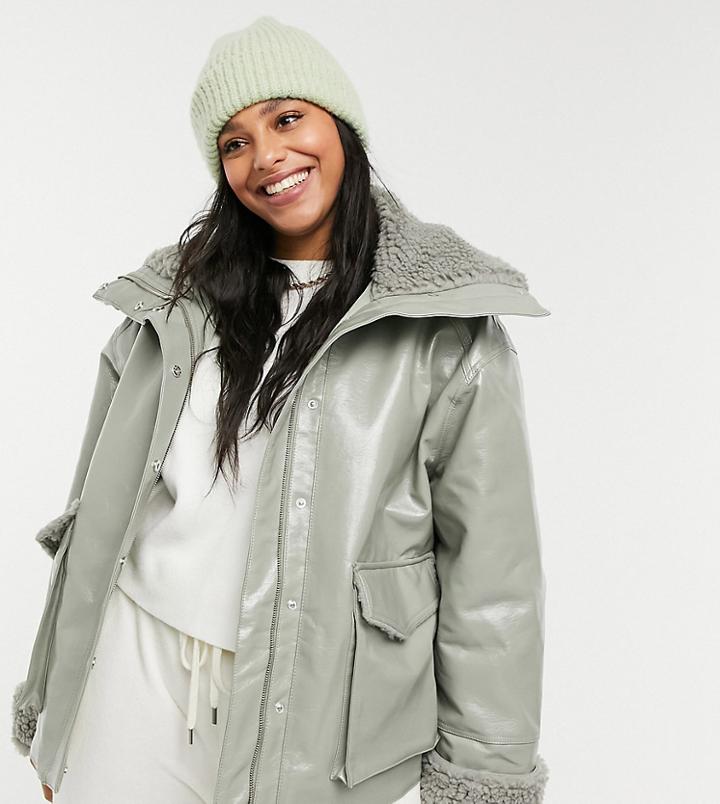 Asos Design Curve Leather Look Jacket With Shearling Lining In Sage-multi