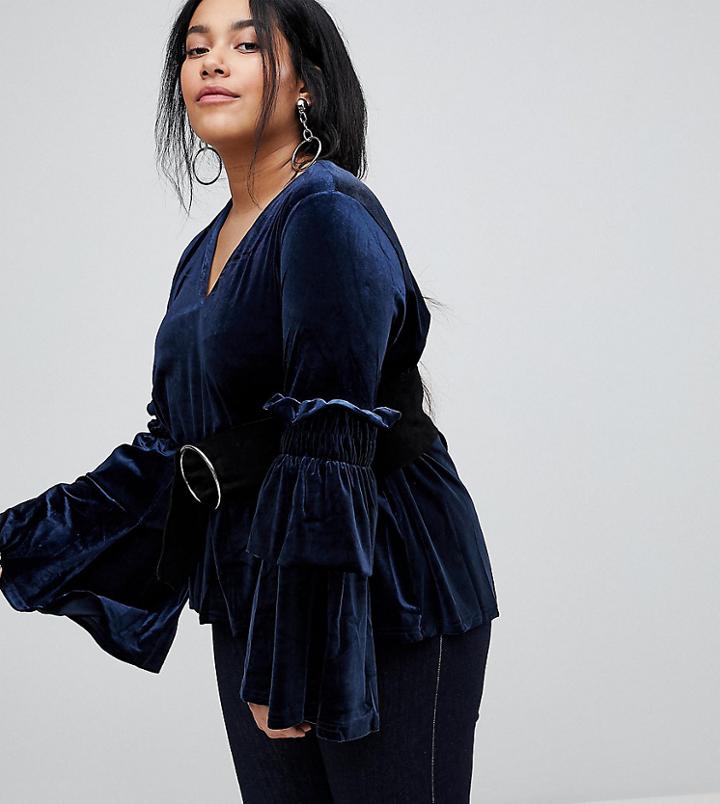 Lost Ink Plus Smock Top With Exaggerated Sleeves In Velvet - Navy