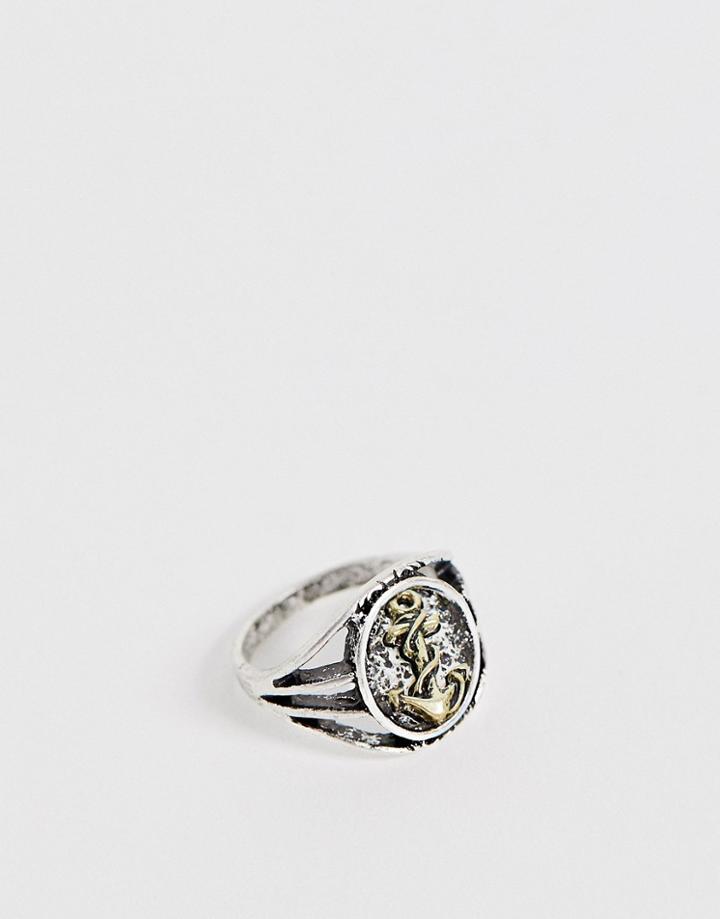 Asos Design Mixed Metal Anchor Cut Out Signet Ring In Burnished Gold And Silver Tone
