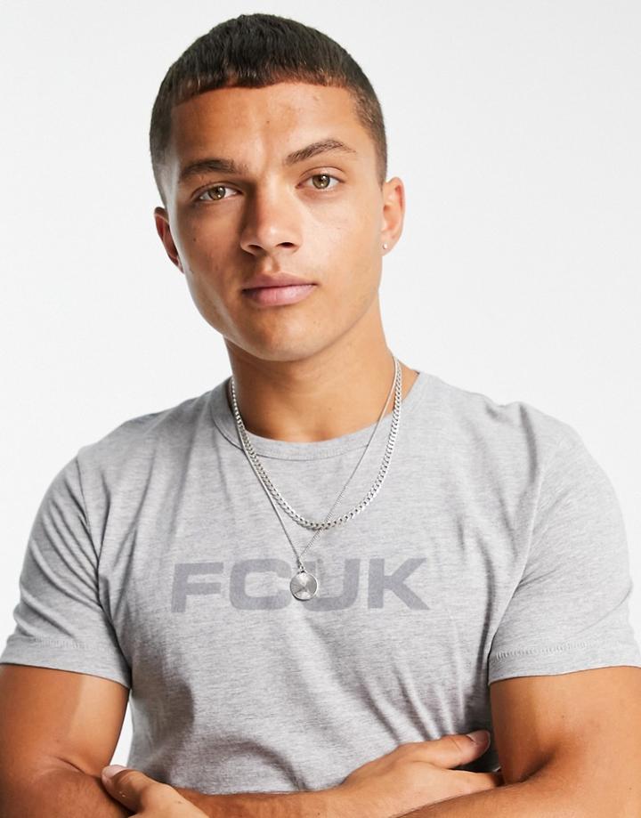 Fcuk Flock Logo T-shirt In Light Gray-grey