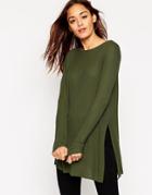 Asos Longline Top With Side Splits And Long Sleeves - Green