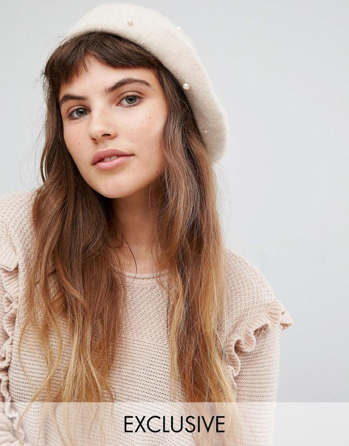 Reclaimed Vintage Pearl Detail Beret - Cream