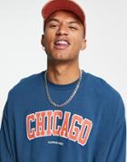 Asos Design Oversized T-shirt In Blue Organic Cotton With Chicago City Print-blues