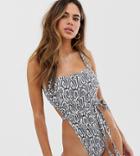 Wolf & Whistle Fuller Bust Exclusive Eco High Leg Belted Swimsuit In Snake - Multi