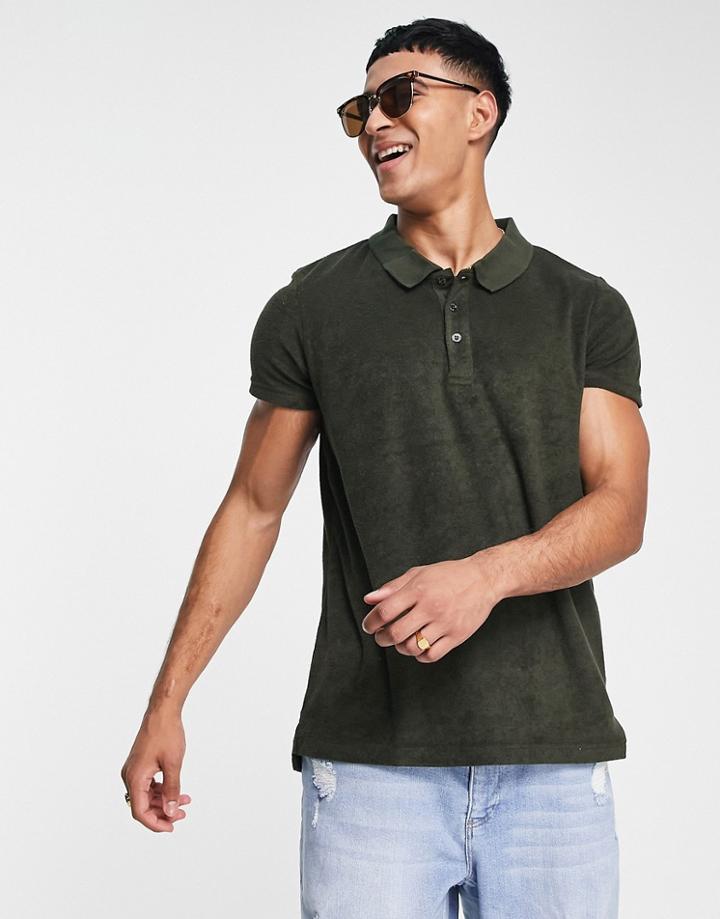 Brave Soul Cotton Terrycloth Polo In Mid Khaki-green