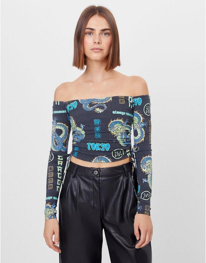 Bershka 90's Ruched Top In Dragon Print-multi