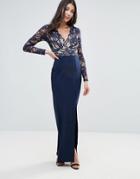Jessica Wright Lace Sleeve Maxi Dress With Side Split - Blue