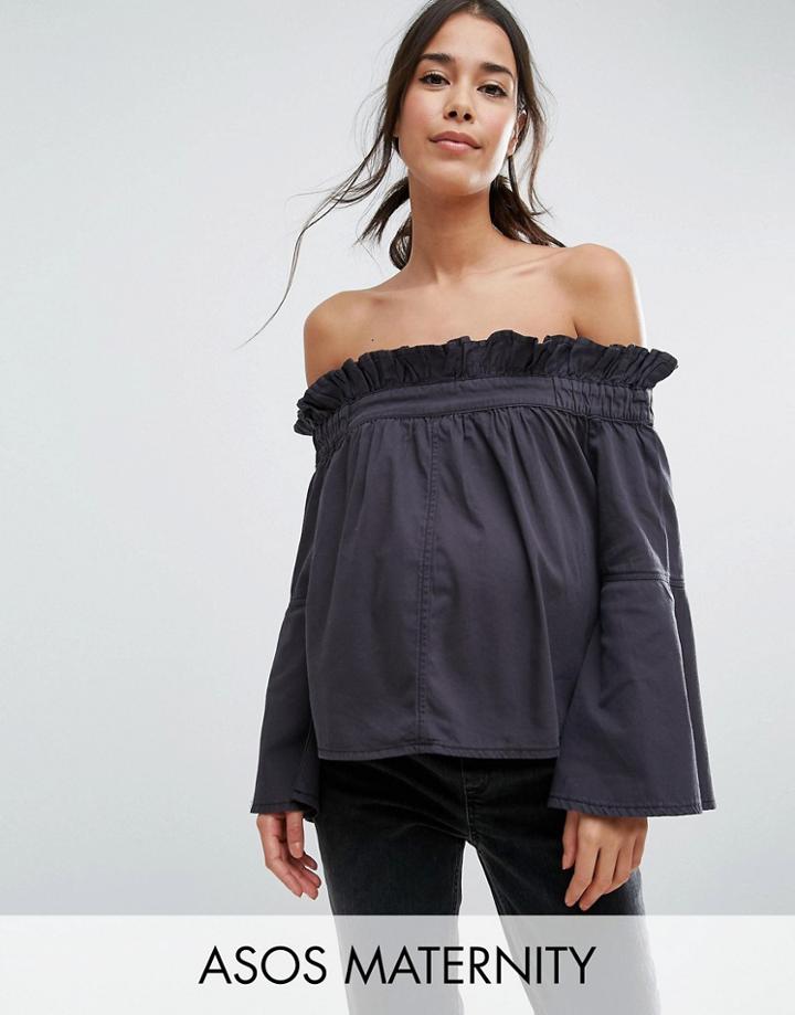 Asos Maternity Denim Off Shoulder Top With Flared Sleeves - Black