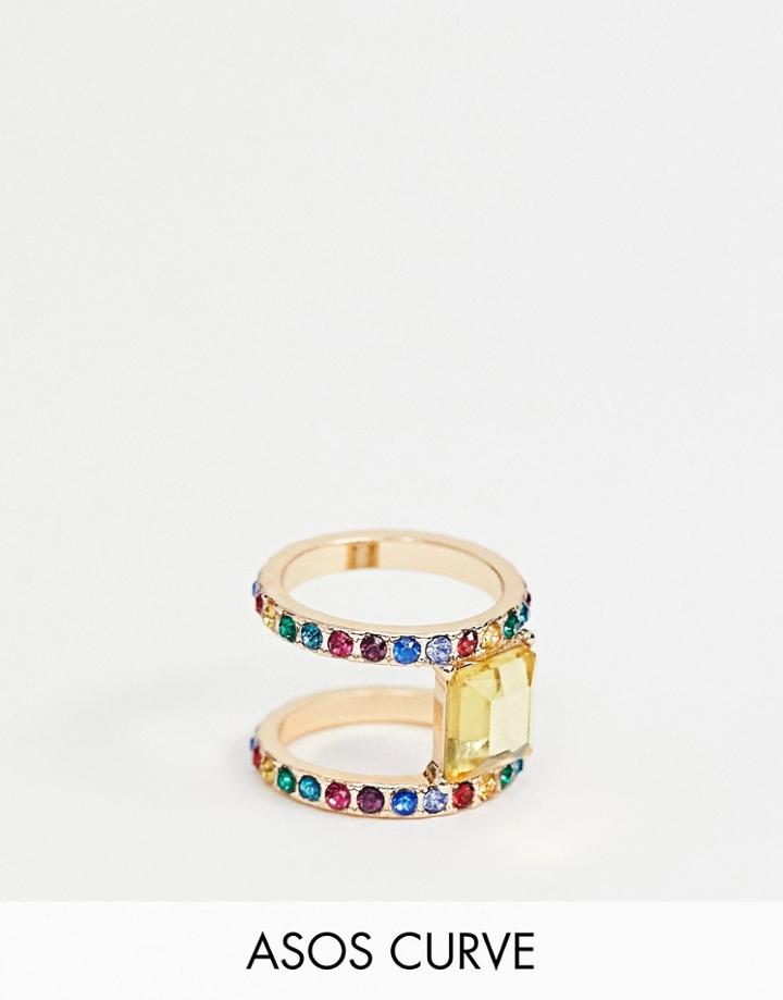 Asos Design Curve Exclusive Statement Ring With Rainbow Crystals And Square Jewel In Gold - Gold