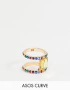Asos Design Curve Exclusive Statement Ring With Rainbow Crystals And Square Jewel In Gold - Gold