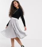 Outrageous Fortune Petite Pleated Midi Skirt With Contrast Waistband In Silver