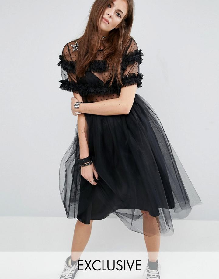 Reclaimed Vintage Tulle Dress With Smocking & Star Patches - Black
