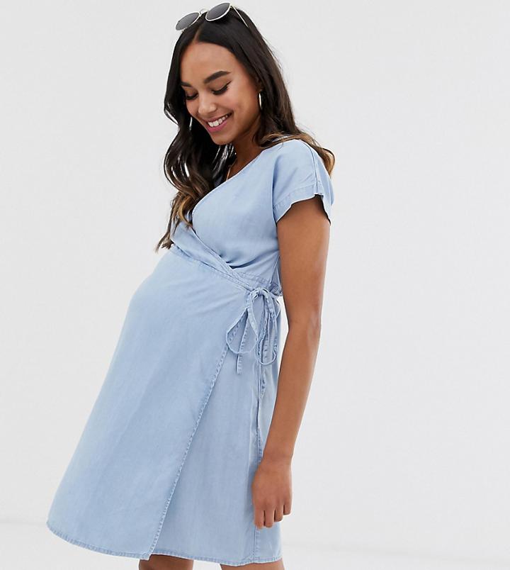 Asos Design Maternity Denim Wrap Dress In Lightwash Blue