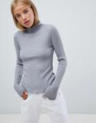 Qed London Frill Edge High Neck Ribbed Sweater - Gray
