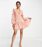 Asos Design Lace Insert Tiered Mini Dress With Trim Detail In Pink-brown