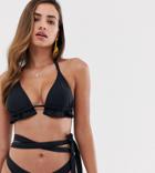 South Beach Mix & Match Frill Triangle Bikini Top In Black - Black