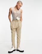 Asos Design High Waist Slim Smart Pants With Front Split In Stone-neutral