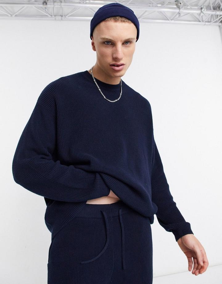 Asos Design Ribbed Set Cotton Sweater In Navy-neutral