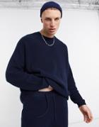 Asos Design Ribbed Set Cotton Sweater In Navy-neutral