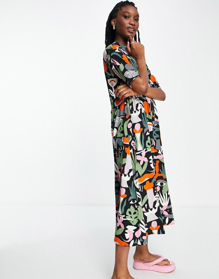 Monki Asta Recycled Button Front Midi Dress In Tropic Print-multi