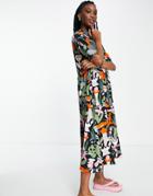 Monki Asta Recycled Button Front Midi Dress In Tropic Print-multi