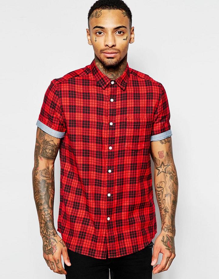 Asos Check Shirt In Short Sleeve - Red