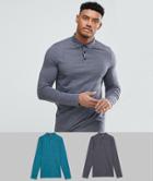 Asos Design Long Sleeve Polo In Jersey 2 Pack Multipack Saving - Multi