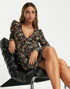 Asos Design Long Sleeve Mini Tea Dress With Tie Detail In Ditsy Floral-multi