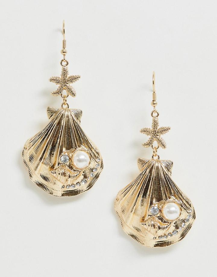 Asos Design Earrings In Sea Shell Design With Pearl In Gold