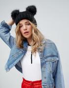 New Look Double Faux Fur Pom Hat - Black