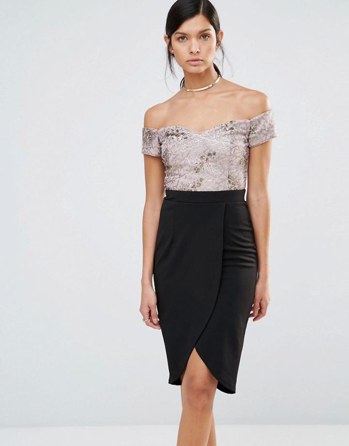 Little Mistress Off Shoulder Sequin Bardot Dress With Wrap Front - Black