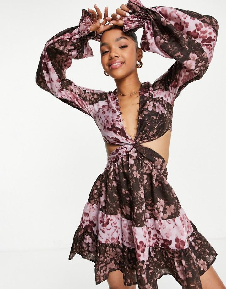 Asos Design Voile Mini Dress With Twist Front In Patched Abstract Floral Print-multi