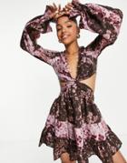 Asos Design Voile Mini Dress With Twist Front In Patched Abstract Floral Print-multi