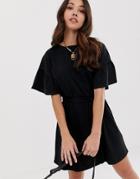 Asos Design Slub Mini Dress With Frill Sleeve And Belt - Black
