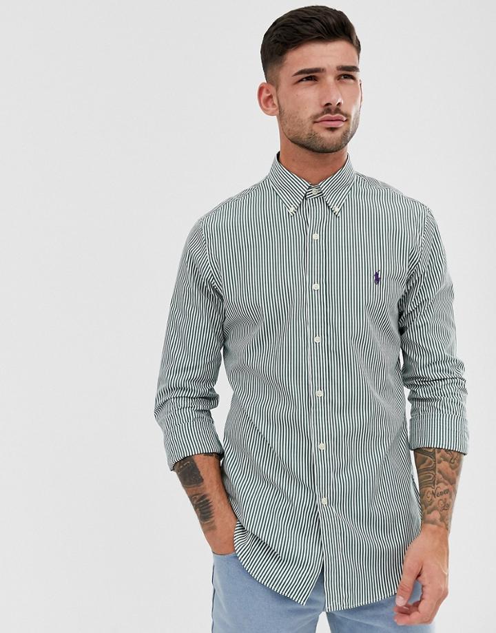 Polo Ralph Lauren Bold Stripe Poplin Button Down Shirt Slim Fit Player Logo In Green/white