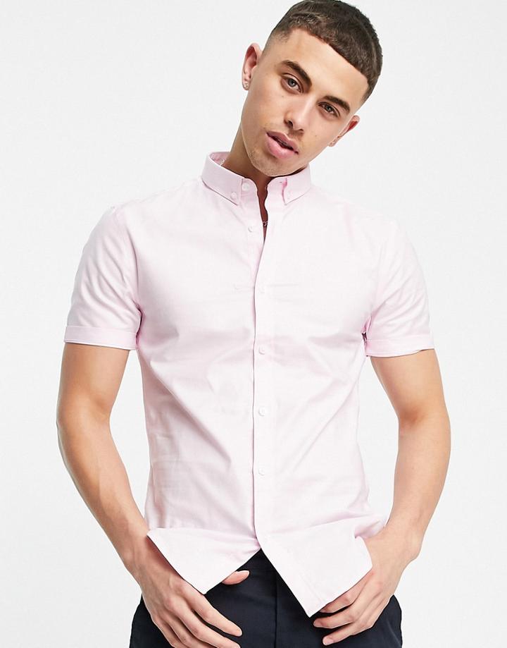 New Look Short Sleeve Muscle Fit Oxford In Pink