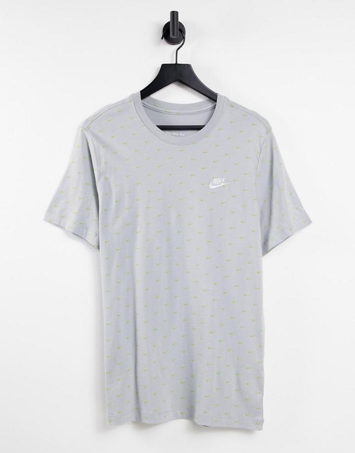 Nike Mini Swoosh All Over Print Logo T-shirt In Gray Heather