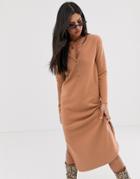 Asos Design Button Detail Super Soft Midi Dress With Side Splits - Brown