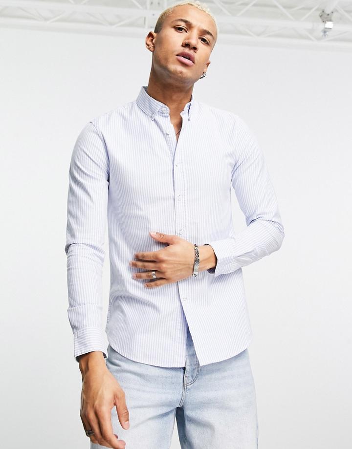 Topman Long Sleeve Stripe Oxford Shirt In White And Blue-multi