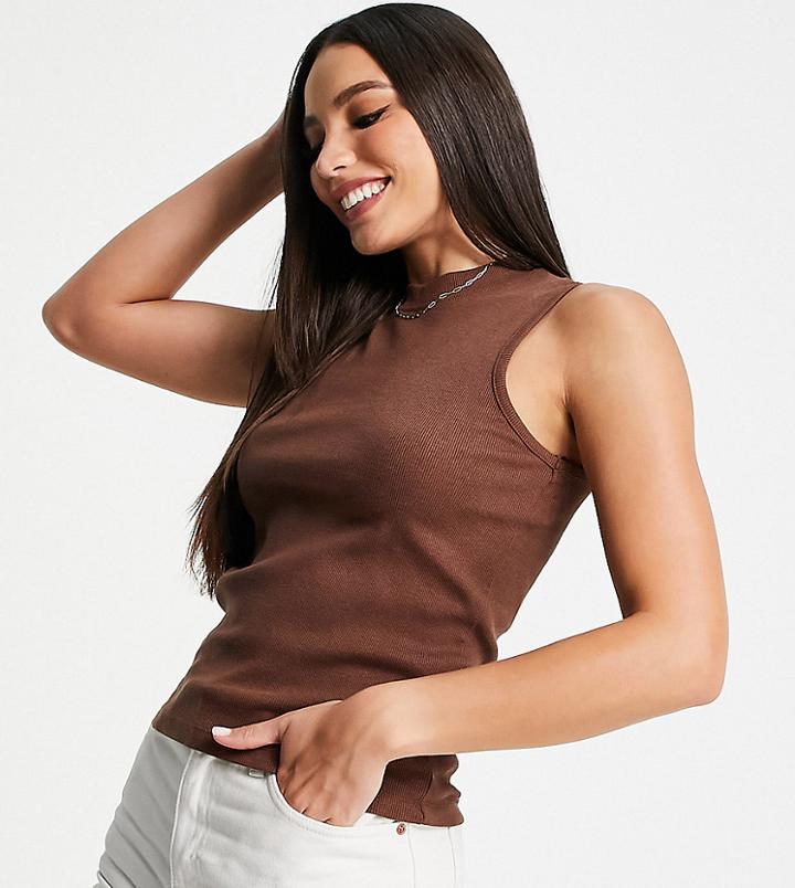 Threadbare Tall Ribbed High Neck Crop Top In Chocolate Brown