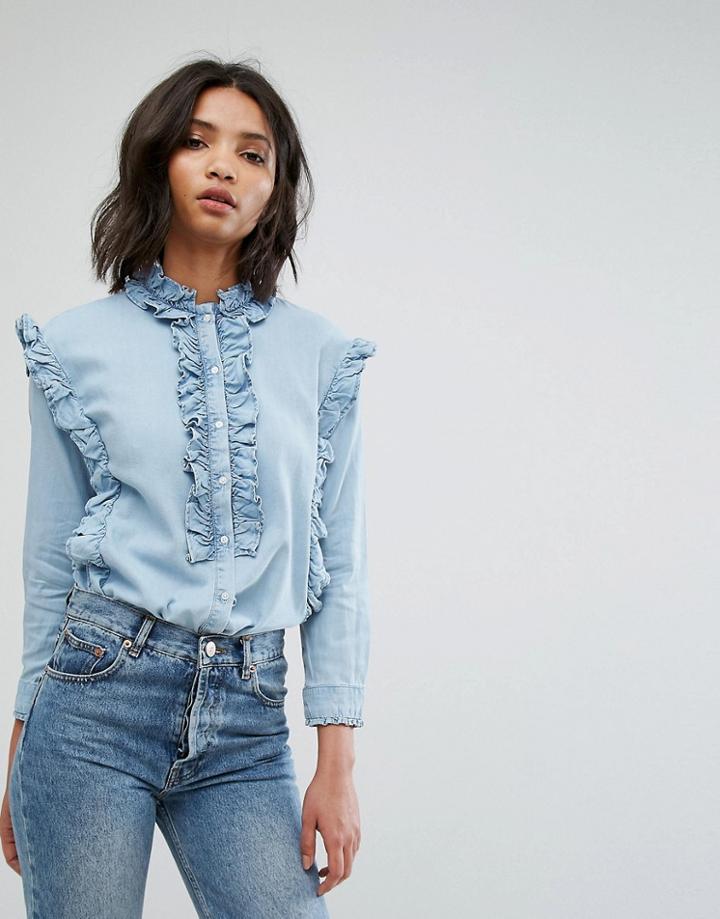 Mango Frill Denim Shirt - Blue