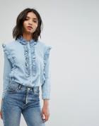 Mango Frill Denim Shirt - Blue
