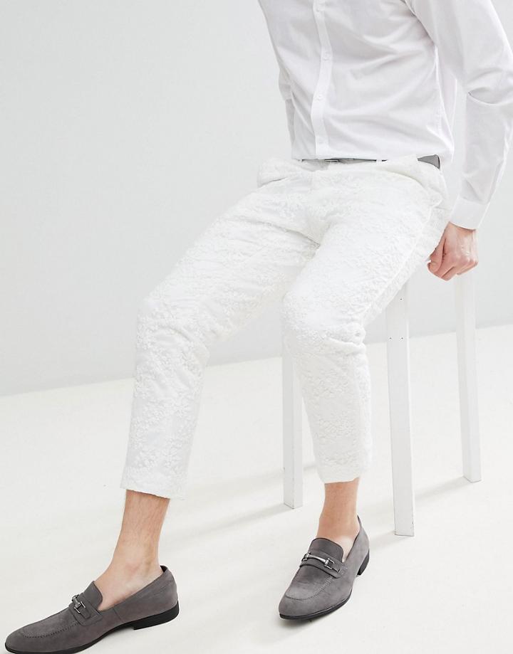 Asos Design Wedding Skinny Crop Smart Pants With Cream Floral Embroidery - White