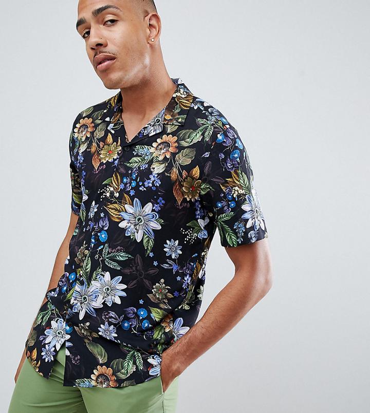 Asos Design Tall Regular Fit Floral Shirt With Revere Collar In Black