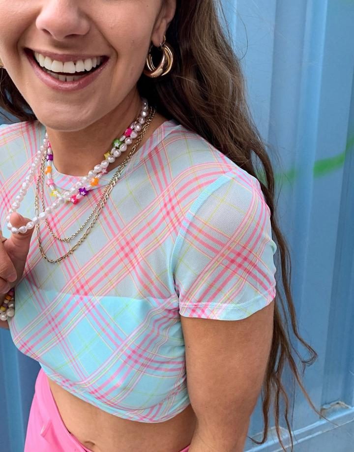 Bershka Check Mesh Backless Tie-up Top In Blue-blues