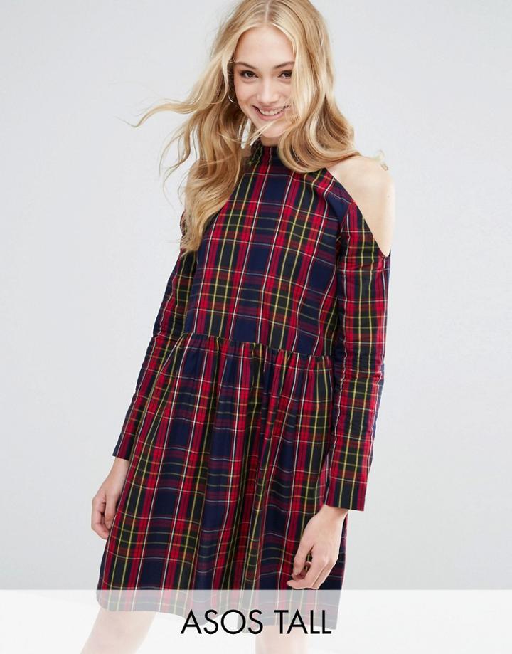Asos Tall Cold Shoulder Cotton Check Smock Dress - Black